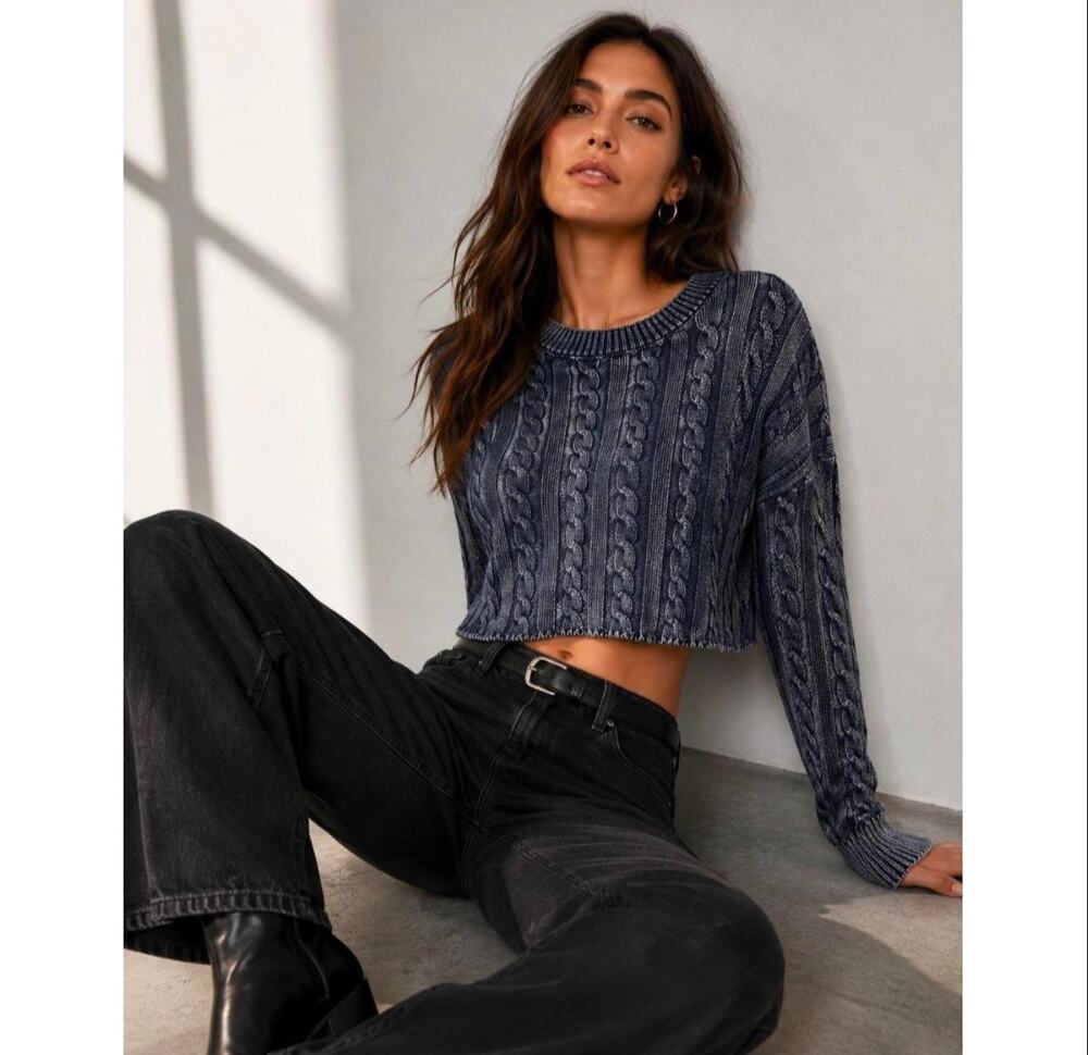 NWT Aerie Distressed Blue Washed Cable Knit Cropped Pullover Sweater Size S